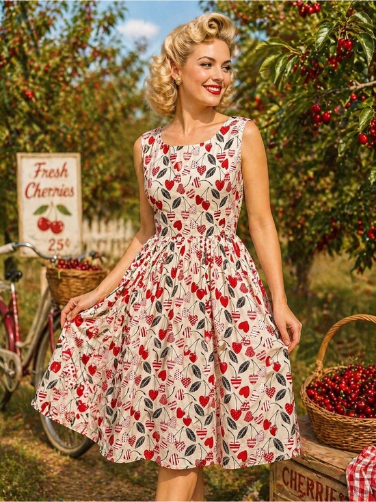 Tulip B Dresses & Skirts - NWT Tulip B Vintage Inspired Heart Cherry Midi Dress Cream Red 100% Cotton